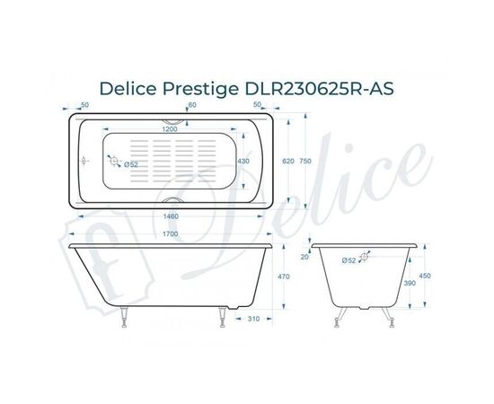 Ванна чугунная Delice Prestige 170х75 с отверстиями под ручки и антискользящим покрытием DLR230625R-AS_, изображение 2