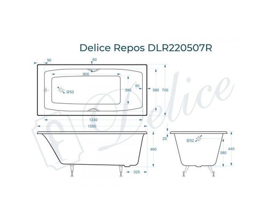 Ванна чугунная Delice Repos 150х70 с черными матовыми ручками DLR220507RB_, изображение 2