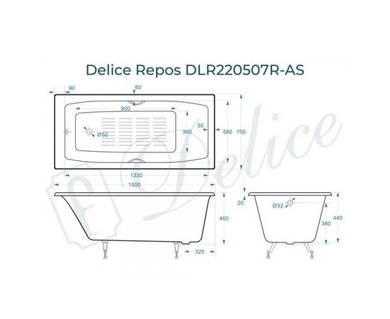 Ванна чугунная Delice Repos 150х70 с черными матовыми ручками и антискользящим покрытием DLR220507RB-AS_, изображение 2