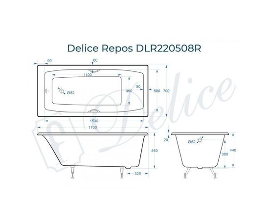 Ванна чугунная Delice Repos 170х70 с черными матовыми ручками DLR220508RB_, изображение 2