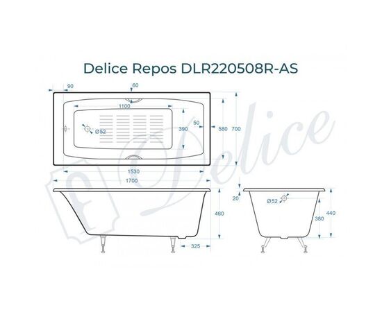 Ванна чугунная Delice Repos 170х70 с черными матовыми ручками и антискользящим покрытием DLR220508RB-AS_, изображение 2