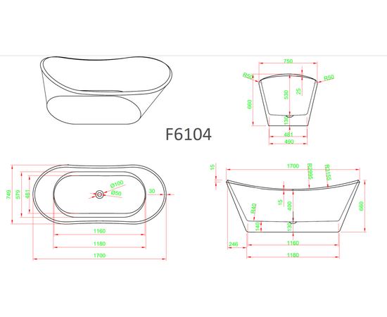 Ванна Frank F6104 White-Red отдельностоящая 170х75х66 см_, изображение 8