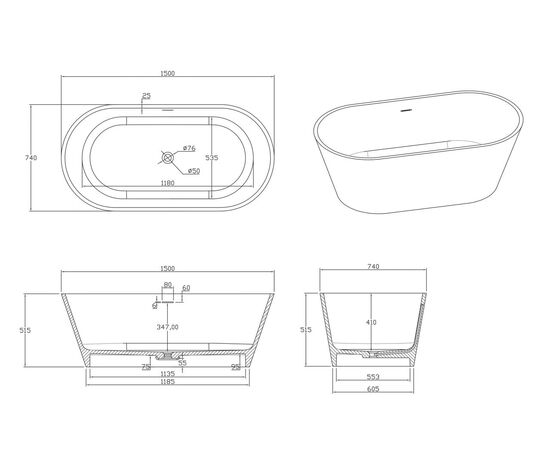 Ванна Timo solid ELISSA1500 1500х750х515_, изображение 9