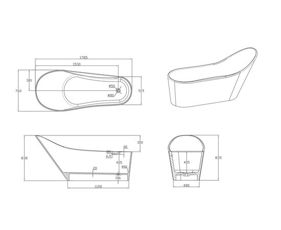 Ванна Timo solid KIRSTI1785R 1785х760х838_, изображение 5