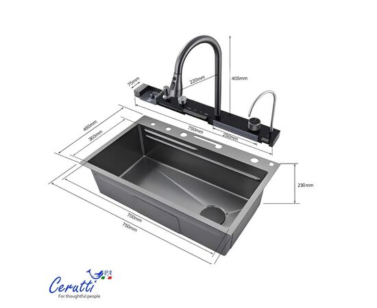 Многофункциональная кухонная мойка Ceruttispa GLORIA nano embos матовый хром 750х460х230_, изображение 4