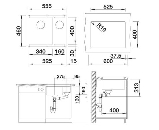 Кухонная мойка Blanco SUBLINE 340/160-U белый 523552 чаша слева_, изображение 5