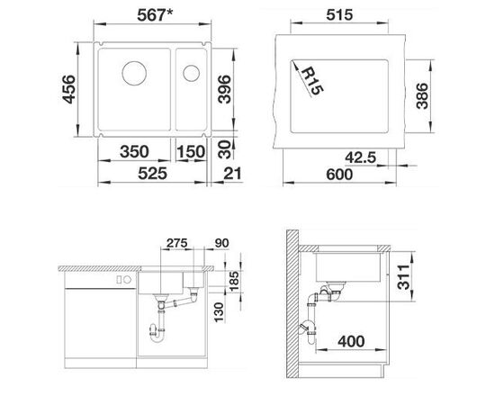 Кухонная мойка Blanco SUBLINE 350/150-U керамика глянцевый белоснежный 514522_, изображение 4