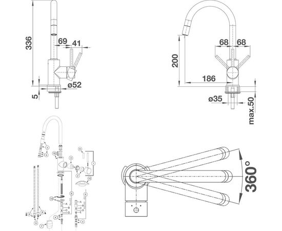Смеситель для кухни Blanco Mida-S 526146 с выдвижным поворотным изливомс покрытием Silgranitчерный_, изображение 9