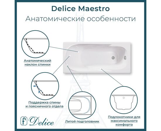 Ванна чугунная Delice Maestro 200х85 с отверстиями под ручки и антискользящим покрытием DLR230646R-AS_, изображение 3