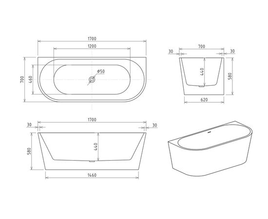 Акриловая ванна Royal Bath RIVA RB610211 170х70х58_, изображение 5