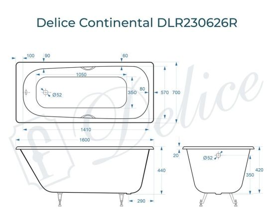 Ванна чугунная Delice Continental 160х70 с отверстиями под ручки DLR230626R_, изображение 4