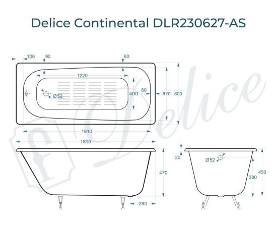 Ванна чугунная Delice Continental 180х80 с антискользящим покрытием DLR230627-AS_, изображение 4