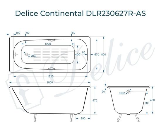 Ванна чугунная Delice Continental 180х80 с отверстиями под ручки и антискользящим покрытием DLR230627R-AS_, изображение 4