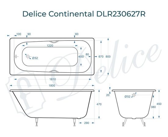 Ванна чугунная Delice Continental 180х80 с отверстиями под ручки DLR230627R_, изображение 4