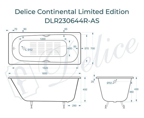 Ванна чугунная Delice Continental Limited Edition 165х70 с отверстиями под ручки и антискользящим покрытием DLR230644R-AS_, изображение 4
