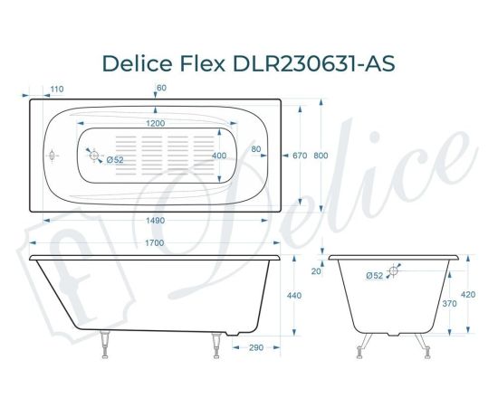 Ванна чугунная Delice Flex 170х80 с антискользящим покрытием DLR230631-AS_, изображение 4