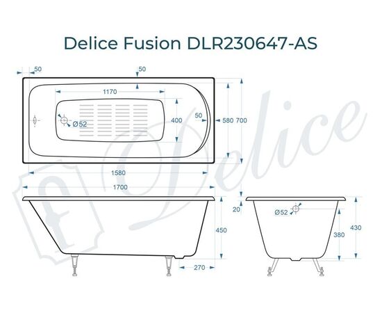 Ванна чугунная Delice Fusion 170х70 с антискользящим покрытием DLR230647-AS_, изображение 4