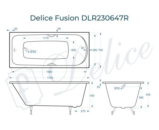 Ванна чугунная Delice Fusion 170х70 с отверстиями под ручки DLR230647R_, изображение 4