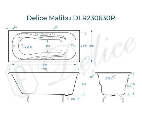 Ванна чугунная Delice Malibu 170х80 с отверстиями под ручки DLR230630R_, изображение 4