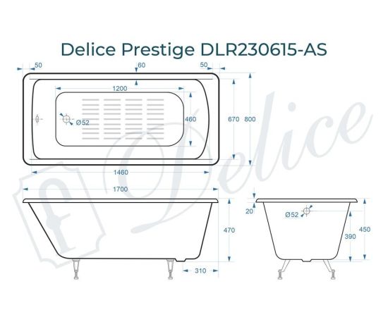Ванна чугунная Delice Prestige 170х80 с антискользящим покрытием DLR230615-AS_, изображение 4