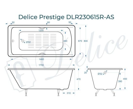 Ванна чугунная Delice Prestige 170х80 с отверстиями под ручки и антискользящим покрытием DLR230615R-AS_, изображение 4