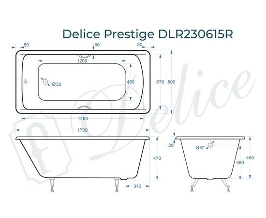 Ванна чугунная Delice Prestige 170х80 с отверстиями под ручки DLR230615R_, изображение 4
