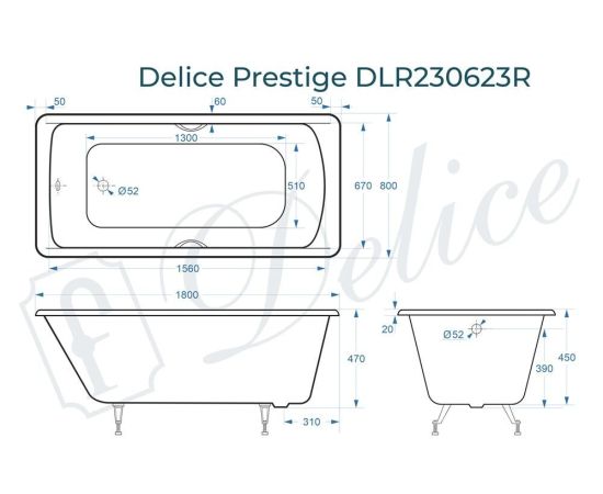Ванна чугунная Delice Prestige 180х80 с отверстиями под ручки DLR230623R_, изображение 4