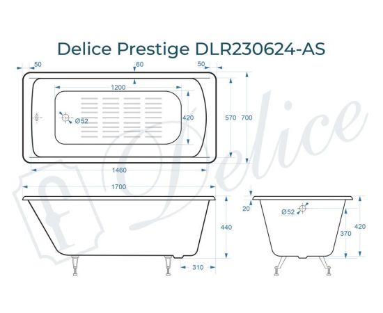 Ванна чугунная Delice Prestige 170х70 с антискользящим покрытием DLR230624-AS_, изображение 4