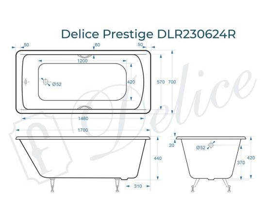 Ванна чугунная Delice Prestige 170х70 с отверстиями под ручки DLR230624R_, изображение 4