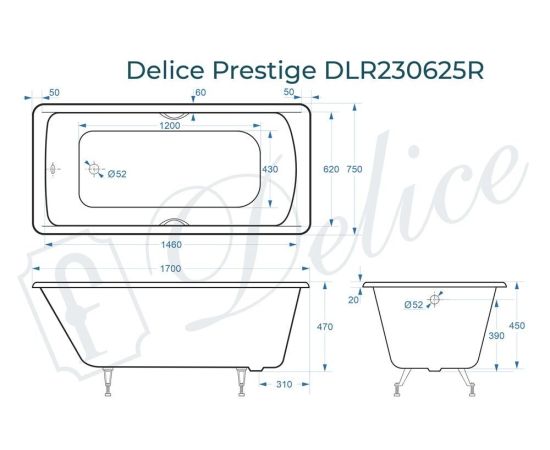 Ванна чугунная Delice Prestige 170х75 с отверстиями под ручки DLR230625R_, изображение 4
