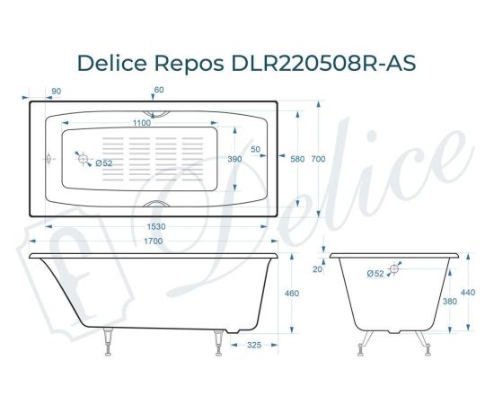 Ванна чугунная Delice Repos 170х70 с черными матовыми ручками и антискользящим покрытием DLR220508RB-AS_, изображение 4
