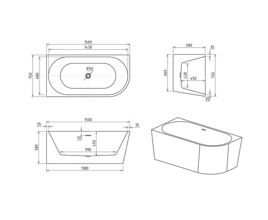 Акриловая ванна Royal Bath RIVA RB610310 150х75х58 L_, изображение 5