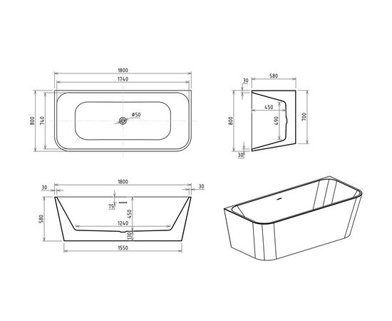 Акриловая ванна Royal Bath RIVA RB610400 180х80х58_, изображение 5