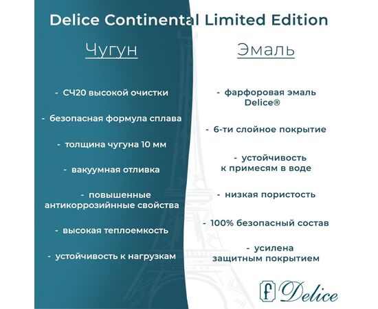 Ванна чугунная Delice Continental Limited Edition 165х70 с отверстиями под ручки DLR230644R_, изображение 4
