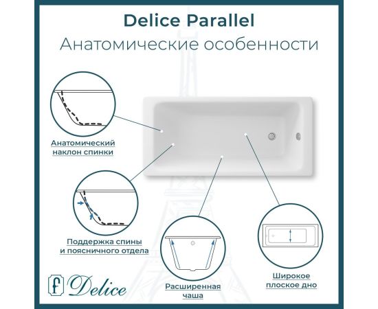 Ванна чугунная Delice Parallel 170х70 с черными матовыми ручками и антискользящим покрытием DLR220505RB-AS_, изображение 3