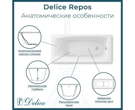 Ванна чугунная Delice Repos 150х70 с антискользящим покрытием DLR220507-AS_, изображение 2