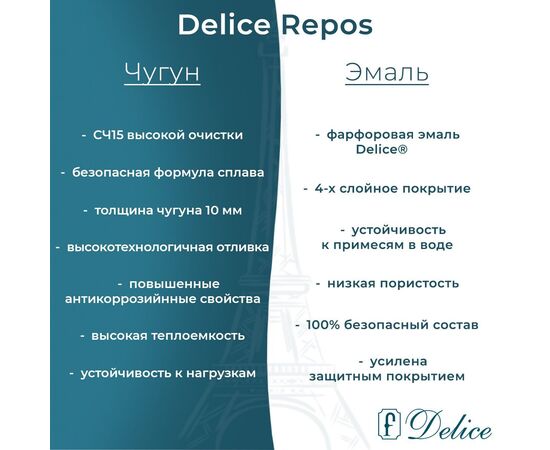 Ванна чугунная Delice Repos 150х70 с ручками и антискользящим покрытием DLR220507R-AS_, изображение 4