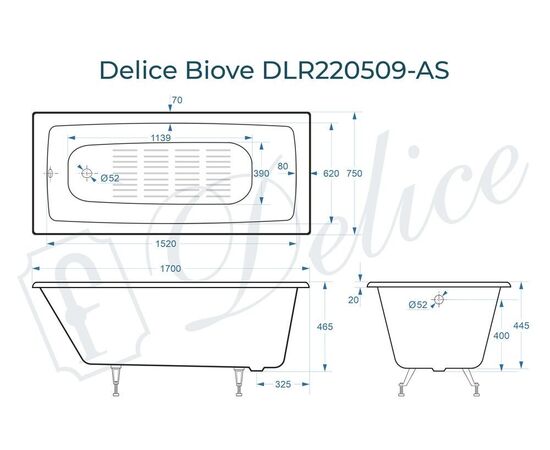 Ванна чугунная Delice Biove 170х75 с антискользящим покрытием DLR220509-AS_, изображение 3