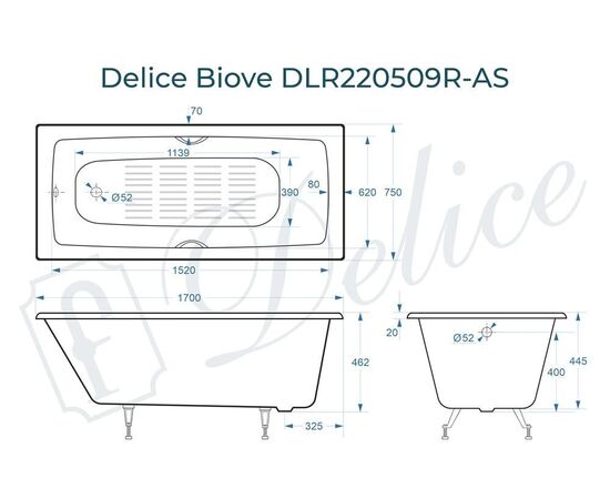Ванна чугунная Delice Biove 170х75 с ручками и антискользящим покрытием DLR220509R-AS_, изображение 3
