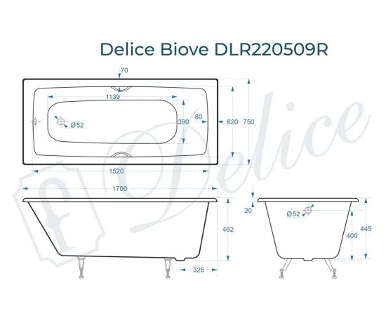 Ванна чугунная Delice Biove 170х75 с черными матовыми ручками DLR220509RB_, изображение 4