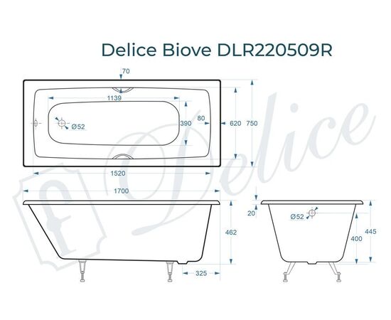 Ванна чугунная Delice Biove 170х75 с ручками DLR220509R_, изображение 3
