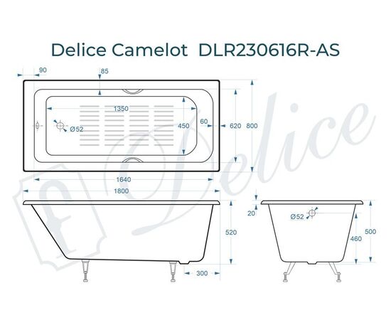 Ванна чугунная Delice Camelot 180х80 с отверстиями под ручки и антискользящим покрытием DLR230616R-AS_, изображение 4