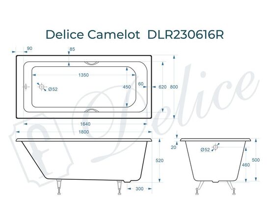 Ванна чугунная Delice Camelot 180х80 с отверстиями под ручки DLR230616R_, изображение 4