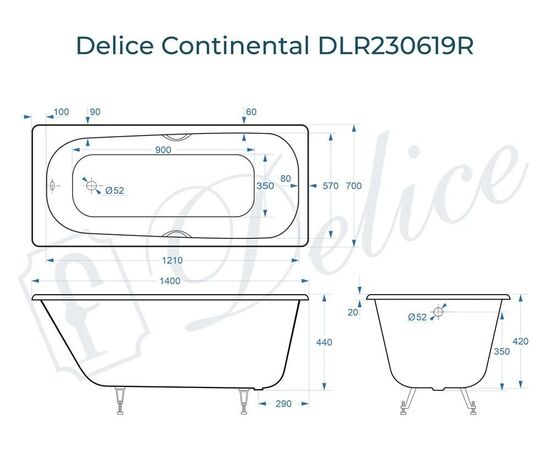 Ванна чугунная Delice Continental 140х70 с отверстиями под ручки DLR230619R_, изображение 4