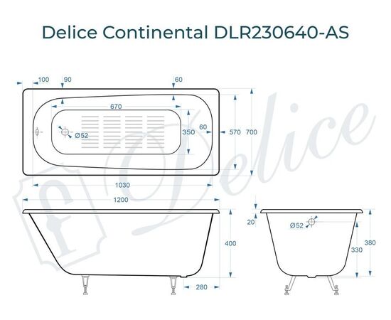 Ванна чугунная Delice Continental 120х70 с антискользящим покрытием DLR230640-AS_, изображение 3