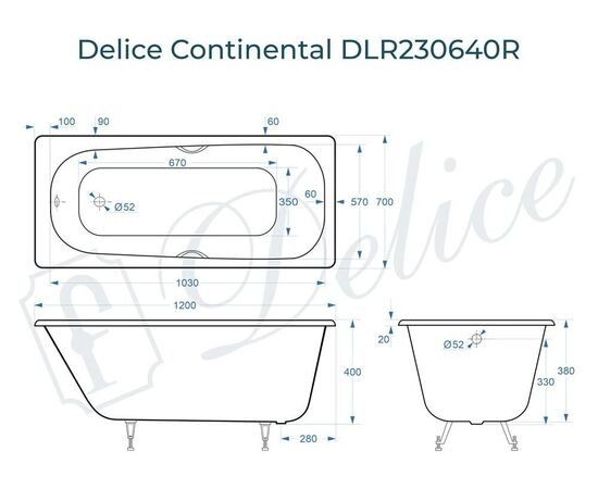 Ванна чугунная Delice Continental 120х70 с отверстиями под ручки DLR230640R_, изображение 3