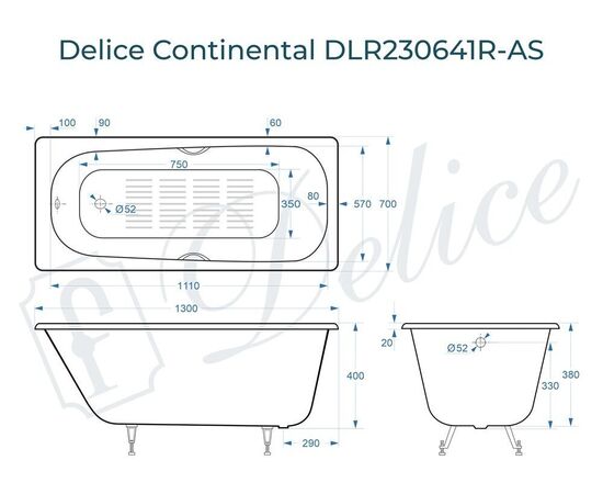 Ванна чугунная Delice Continental 130х70 с отверстиями под ручки и антискользящим покрытием DLR230641R-AS_, изображение 3
