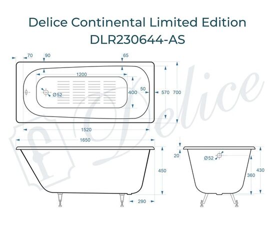 Ванна чугунная Delice Continental Limited Edition 165х70 с антискользящим покрытием DLR230644-AS_, изображение 3