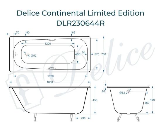 Ванна чугунная Delice Continental Limited Edition 165х70 с отверстиями под ручки DLR230644R_, изображение 3