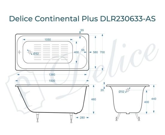 Ванна чугунная Delice Continental PLUS 150х70 с антискользящим покрытием DLR230633-AS_, изображение 4